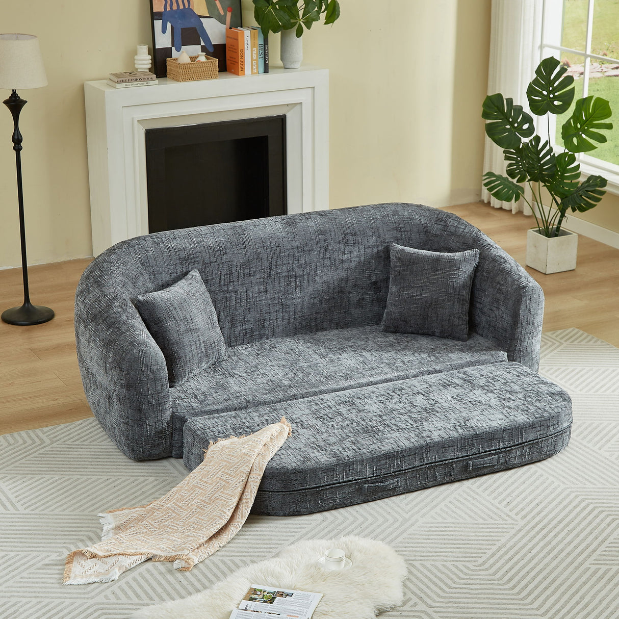 Curved Convertible Sofa, 2 In 1 Fold Out Bed With Pull Out Base And Deep Seat