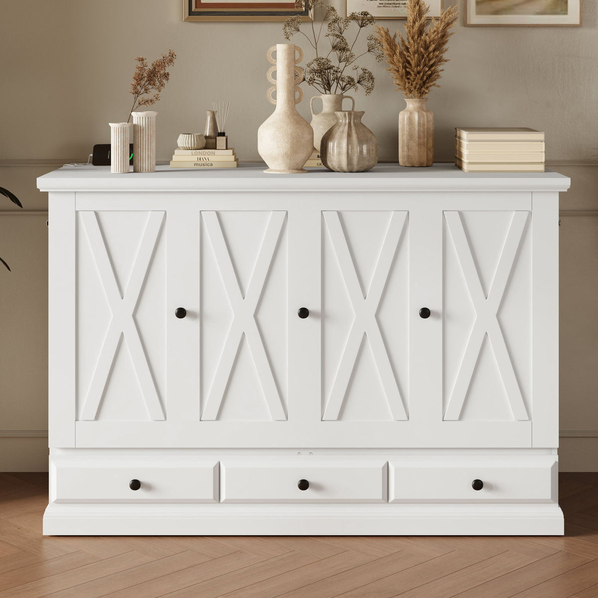 Full Solid Pine Murphy Bed Chest Cube Cabinet Bed With Charging Station And Large Storage Drawer For Home Office Or Small Room - White