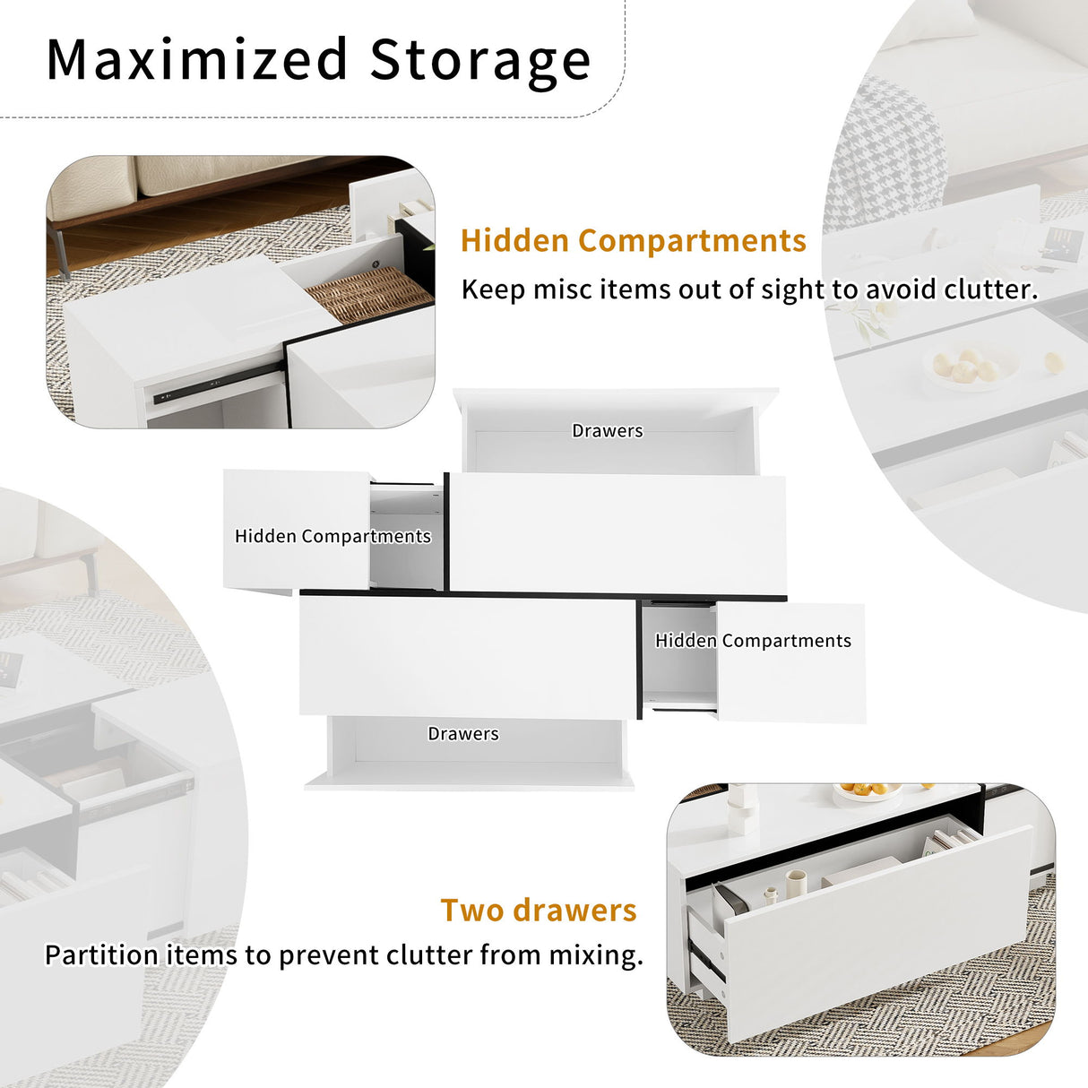 Extendable Coffee Table With 2 Hidden Storage Space And 2 Drawers For Living Room