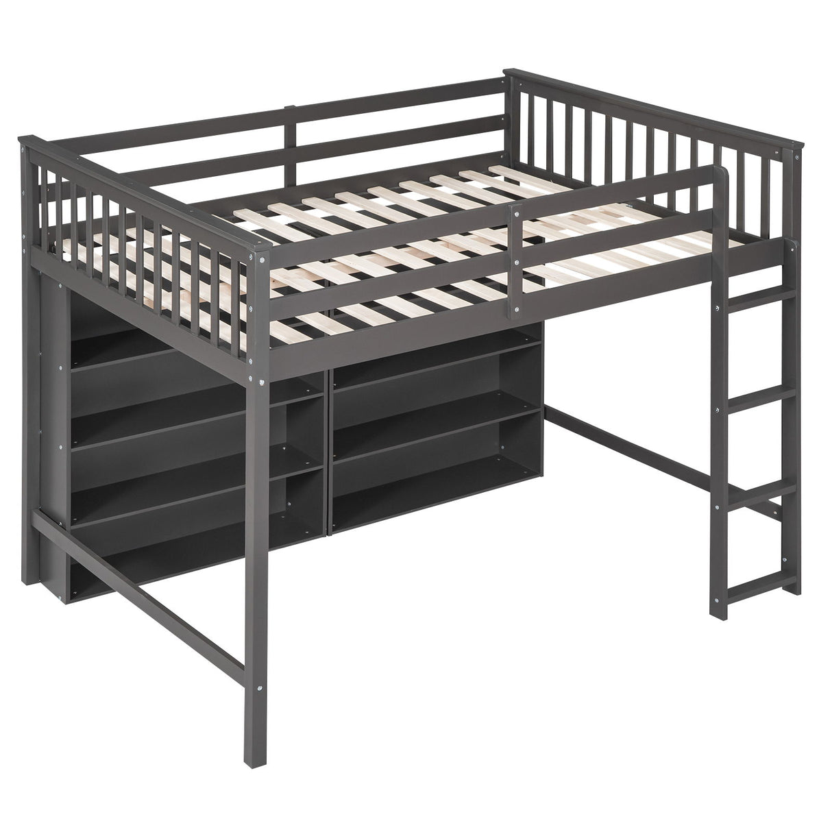 Loft Bed With 8 Open Storage Shelves And Built In Ladder