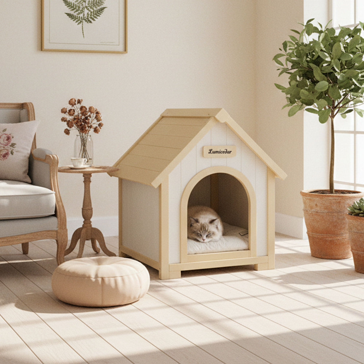 Indoor Dog House With Cushion Pet House For Small Dogs & Cats - Creamy White / Light Yellow