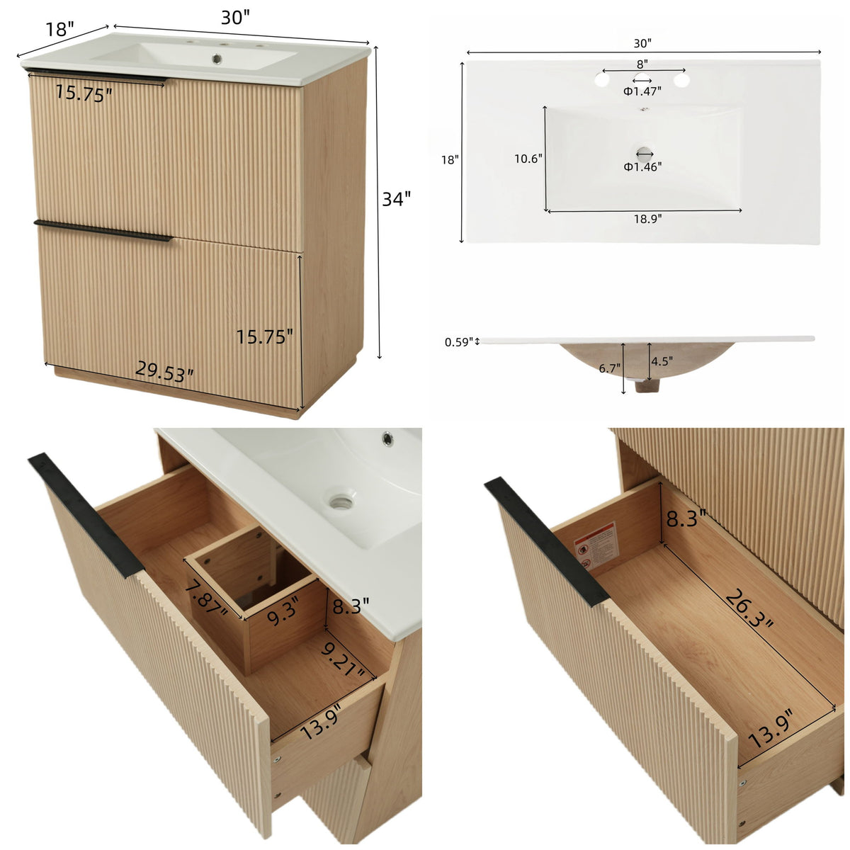 Fluted Bathroom Vanity With Ceramic Sink, Soft Close Slides
