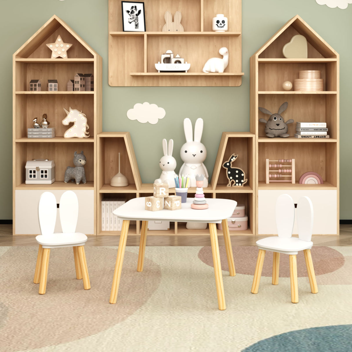 Rabbit Themed Table And 2 Chairs Set - White