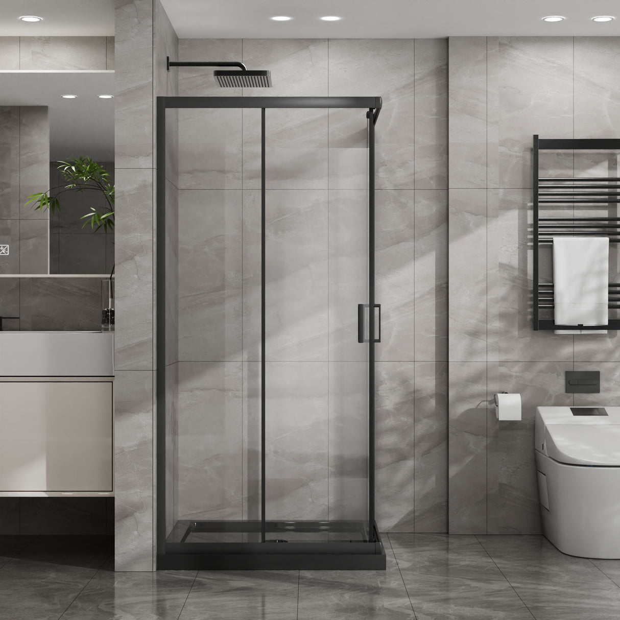 Corner Shower Enclosure, Double Sliding Door With Shower Base - Matte Black
