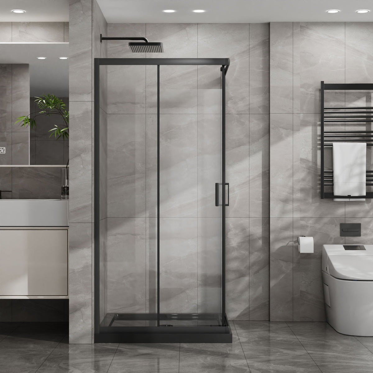 Corner Shower Enclosure, Double Sliding Door & Shower Base