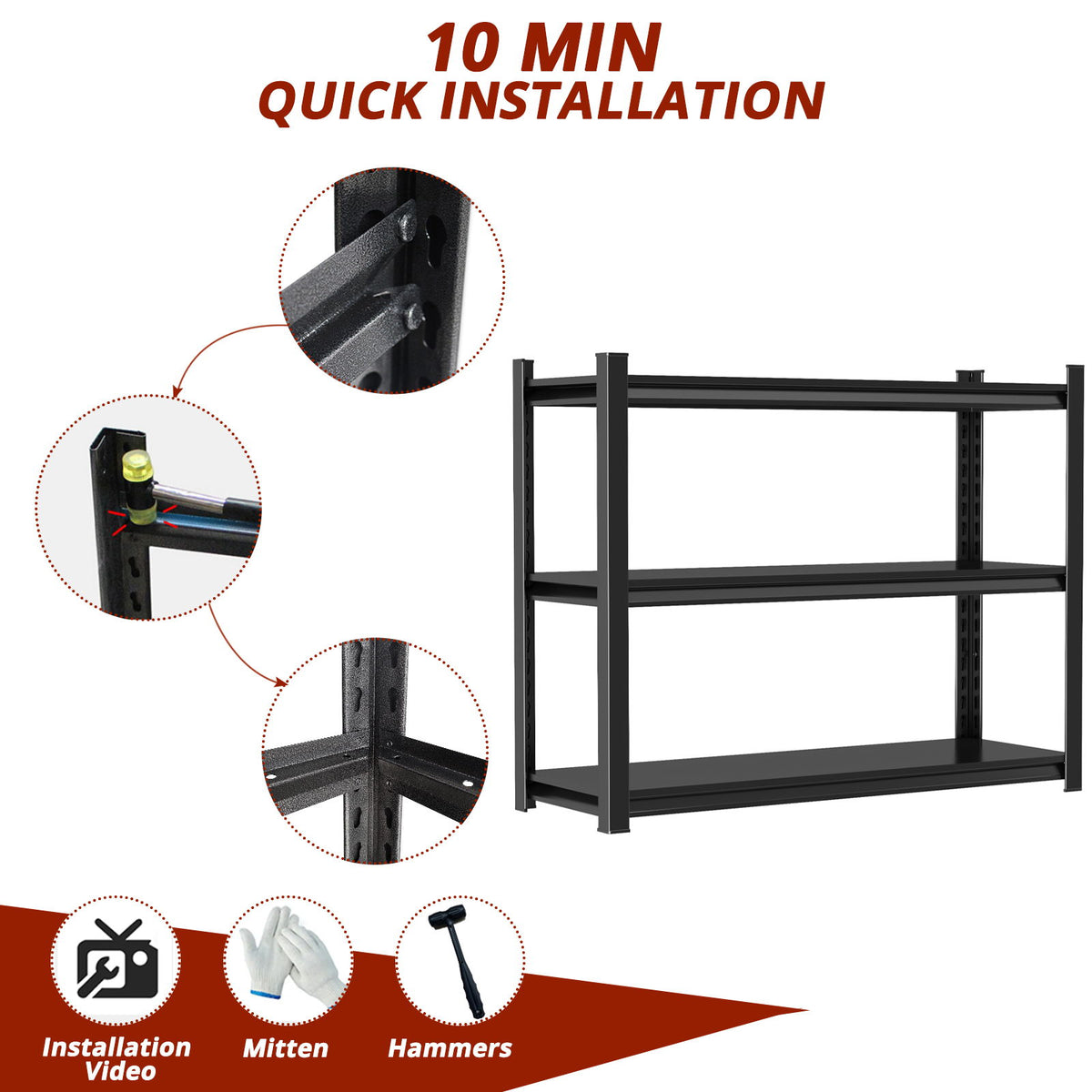 3 Tier Adjustable Height Storage Shelving Unit, Large Capacity Multipurpose Organizer Rack - Black