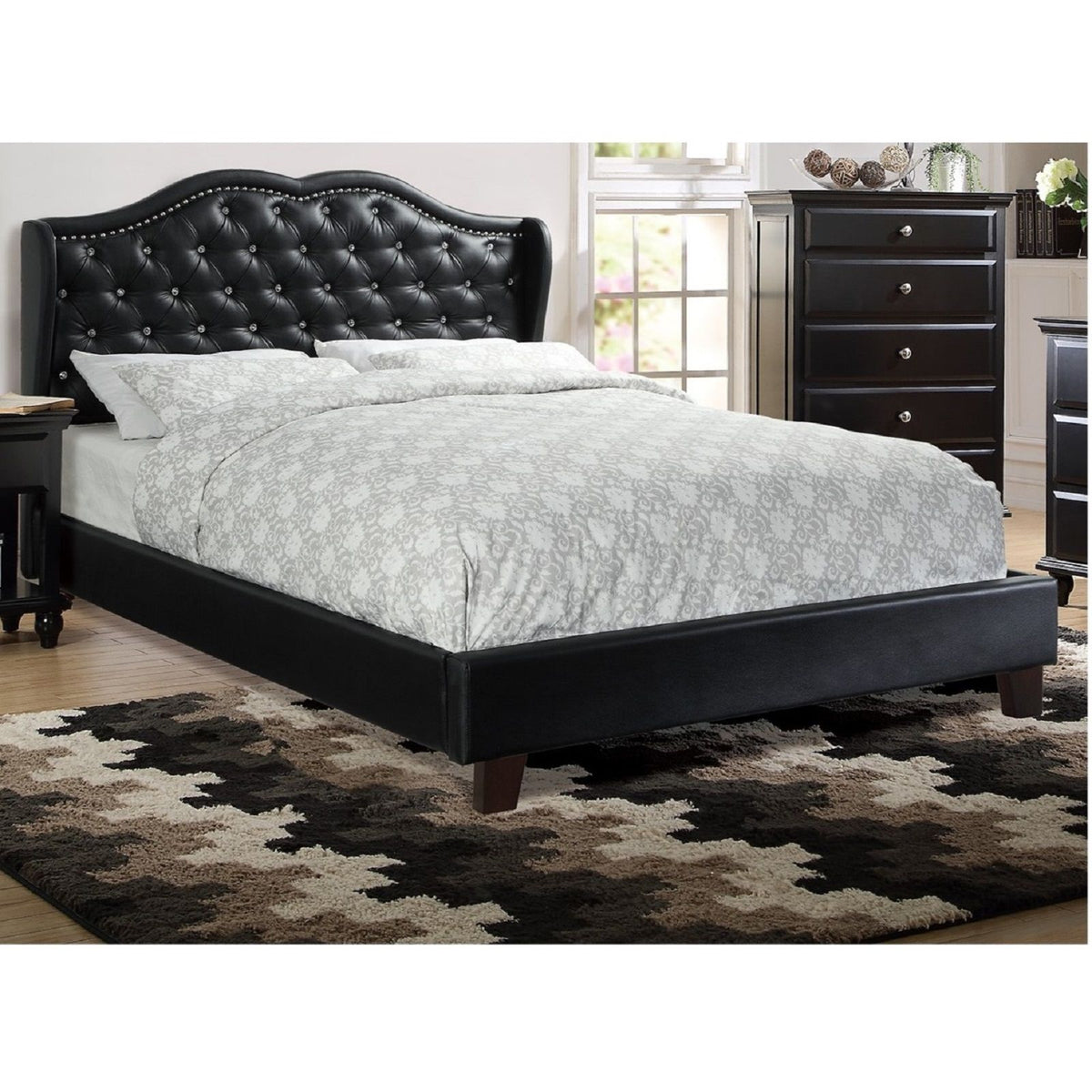 Eastern King Size Bed Set With Curved Wingback Headboard, Button Tufted Upholstered, Frame With Slats - Black