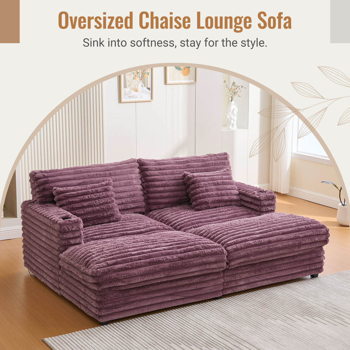 Oversized Double Chaise Lounge Sofa With USB Ports And Cup Holders
