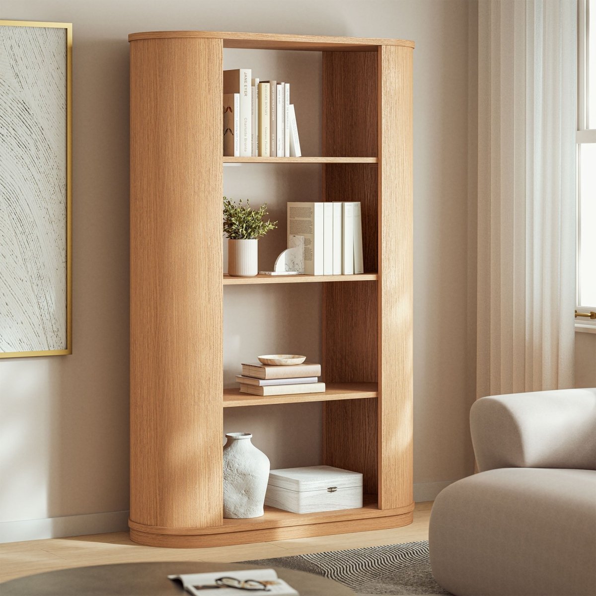 74" Curved Four - Tier Wood Display Bookshelf in Natural - Bookcases available at Alpine Outlets in Denver