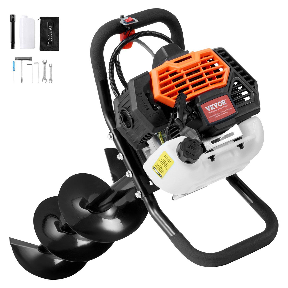 Vevor Gas Post Hole Digger 52Cc 1450W With 8 Drill Bits & Extension Rod Aluminium Alloy - Black