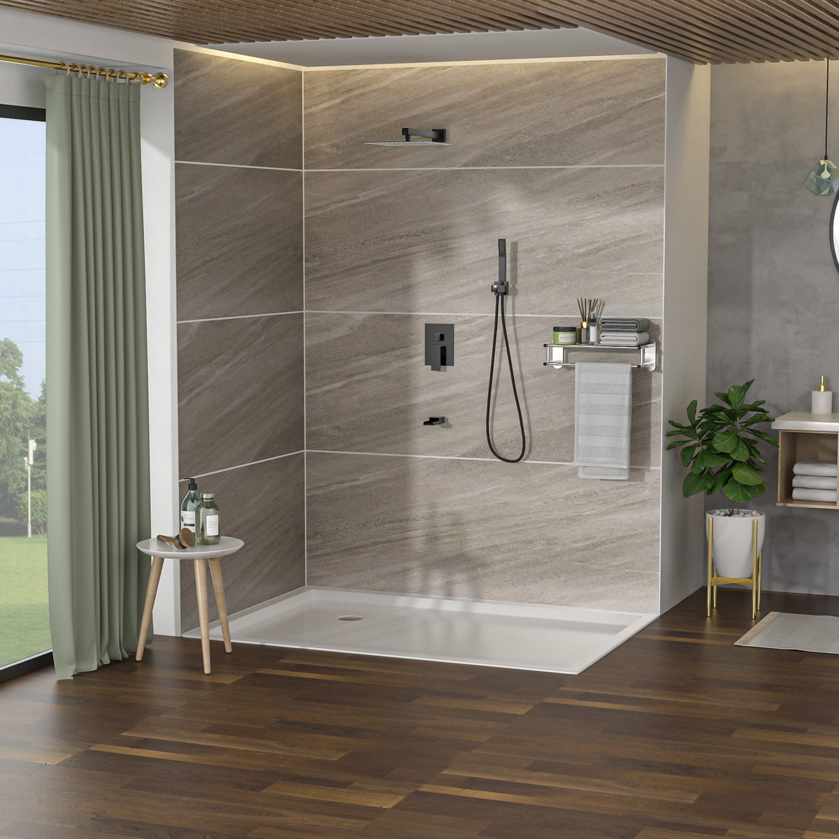 Wall Mounted Square Shower System With Rainfall Tub Spout And Handheld Shower, 10" - Matte Black