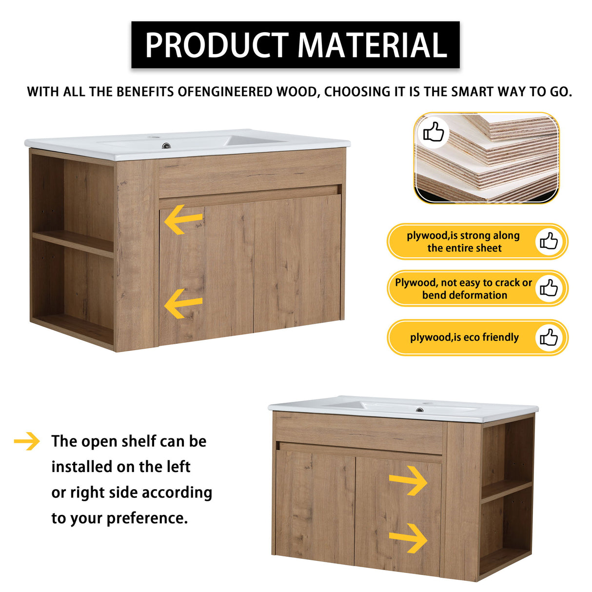 Modern Wall Mounted Bathroom Vanity With Sink And Storage Rack Soft Close Doors Plywood - Imitative Oak