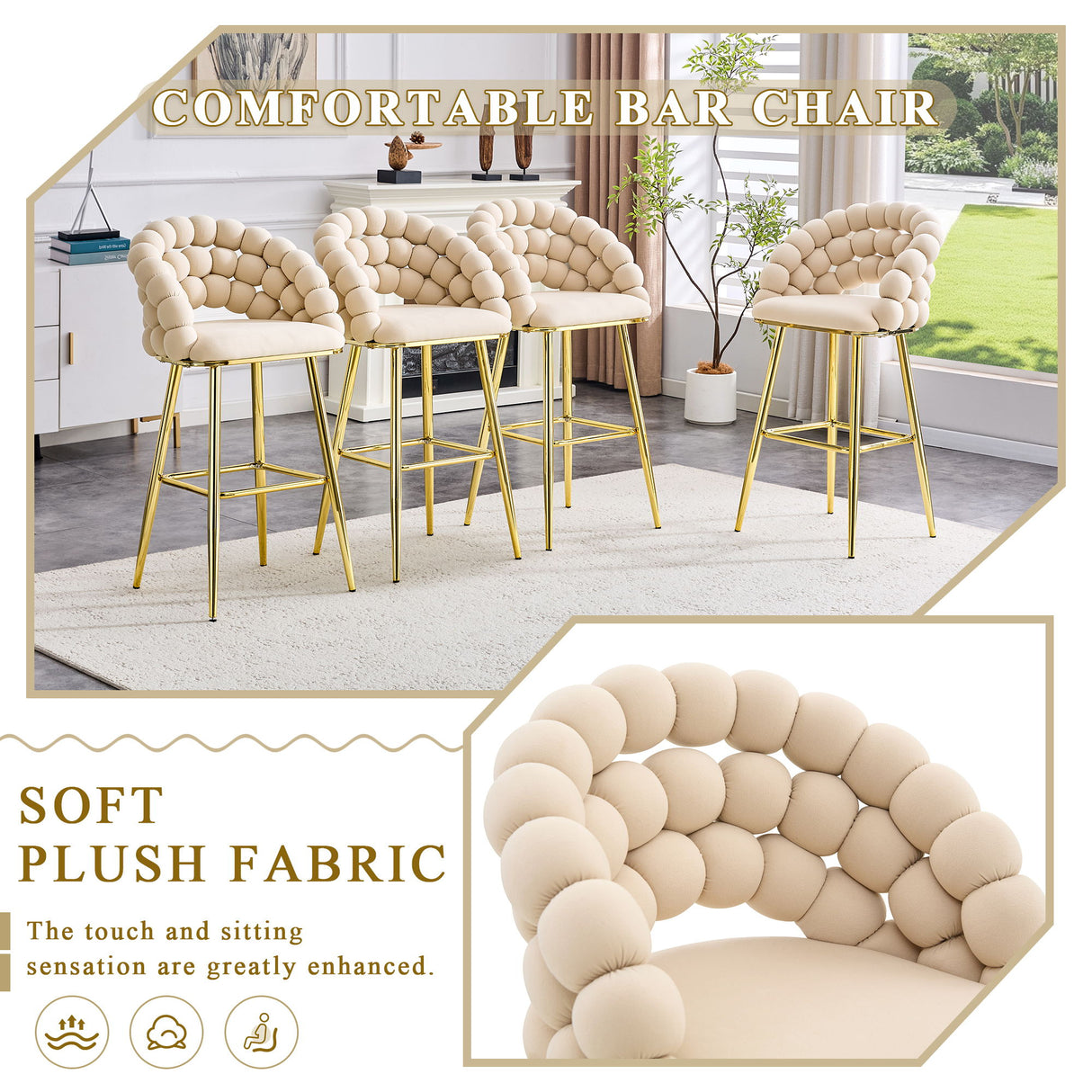 Bubble, Ball Chain Tufted Bar Chairs For Kitchen Island & Home Bar (Set of 2)