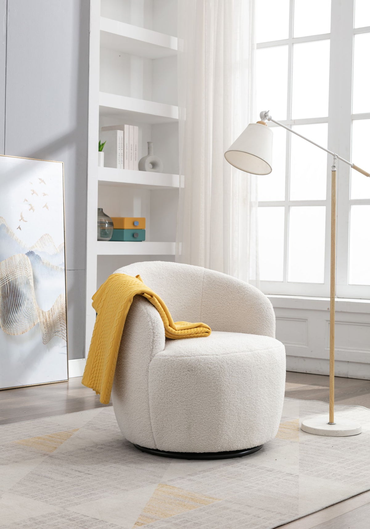 Teddy Fabric Swivel Accent Armchair Barrel Chair With Powder Coating Metal Ring - Ivory White