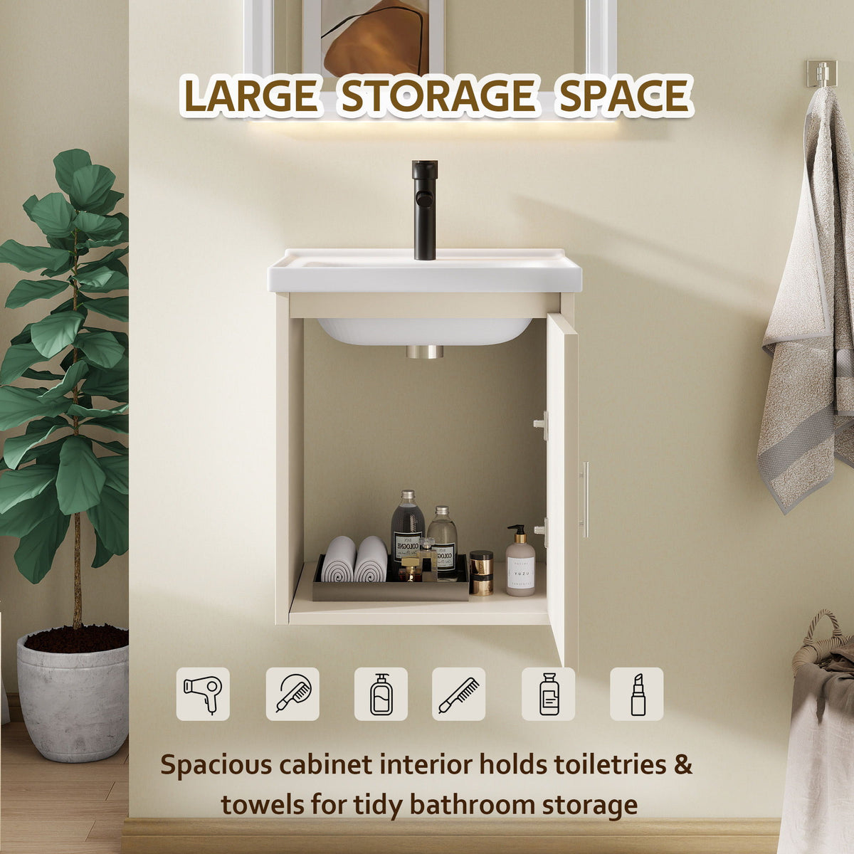 16" Floating Bathroom Vanity Combo, Wall Mounted Cabinet With Sink & Soft Close Doors For Small Bathrooms - Khaki