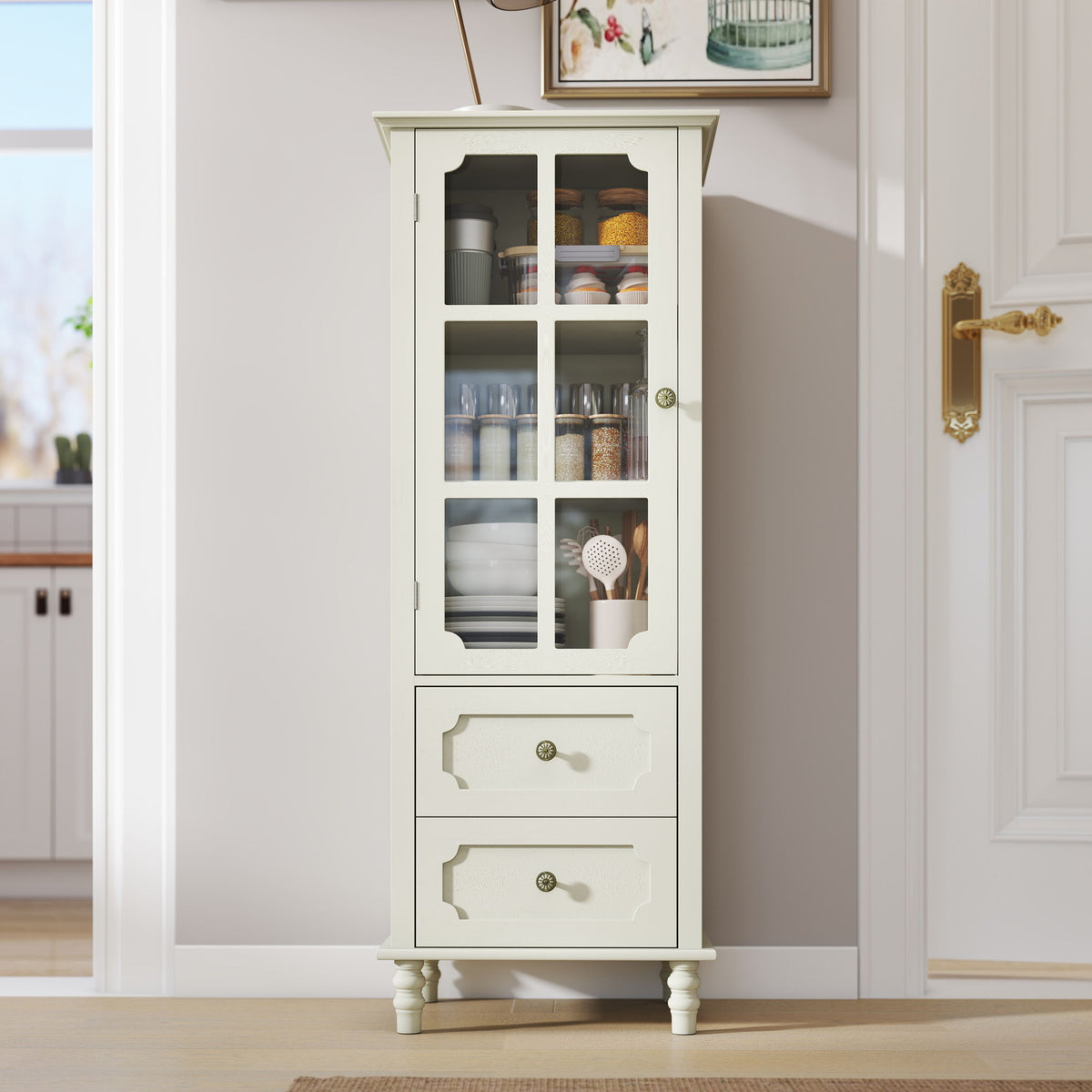 Minimalism Buffet Cabinet With Glass Doors And Double Drawer