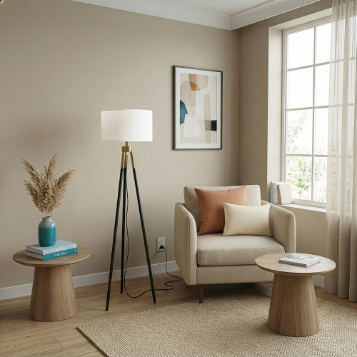 Sway Brassed Gold Floor Lamp with On/Off Switch Triple Legs White Fabric Shade