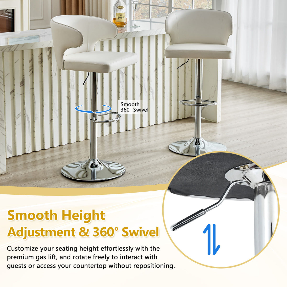 Adjustable Swivel Bar Chair With High Back Support For Kitchen Counter (Set of 2) - White / Silver