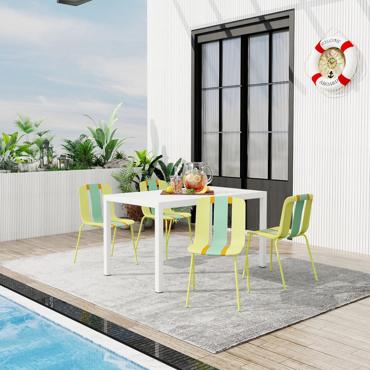 4 Piece Set Of Modern Striped Color- Blocking Single Chairs With Long Table