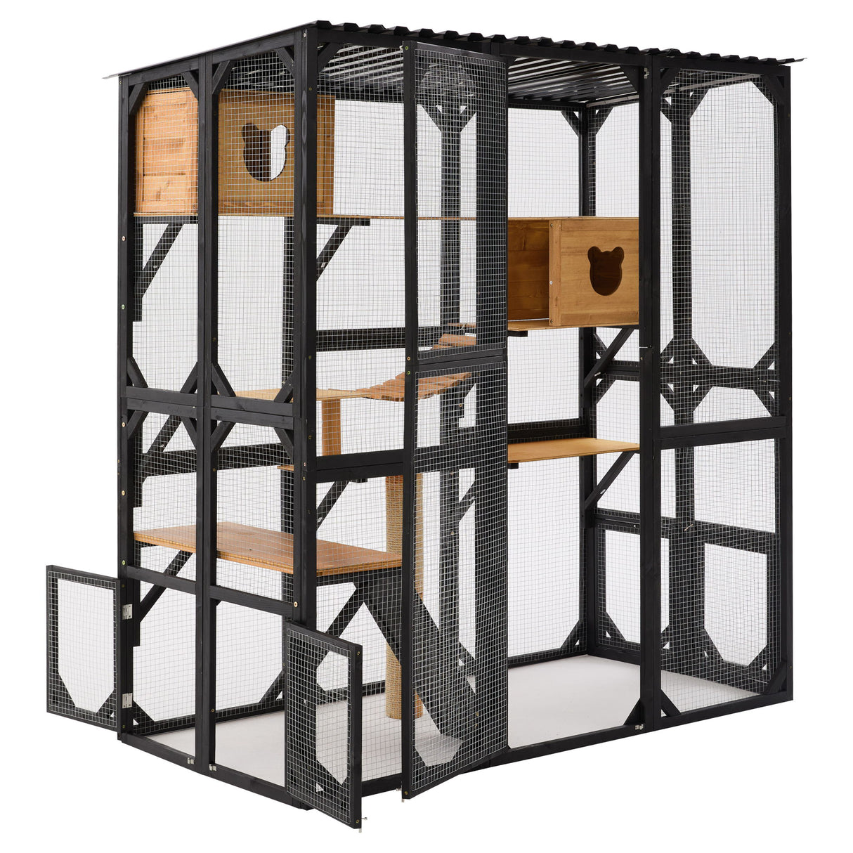 Outdoor Cat Enclosure Catio With Sleeping Houses, Jumping Platforms, Scratching Post, Secure Doors - Black / Brown