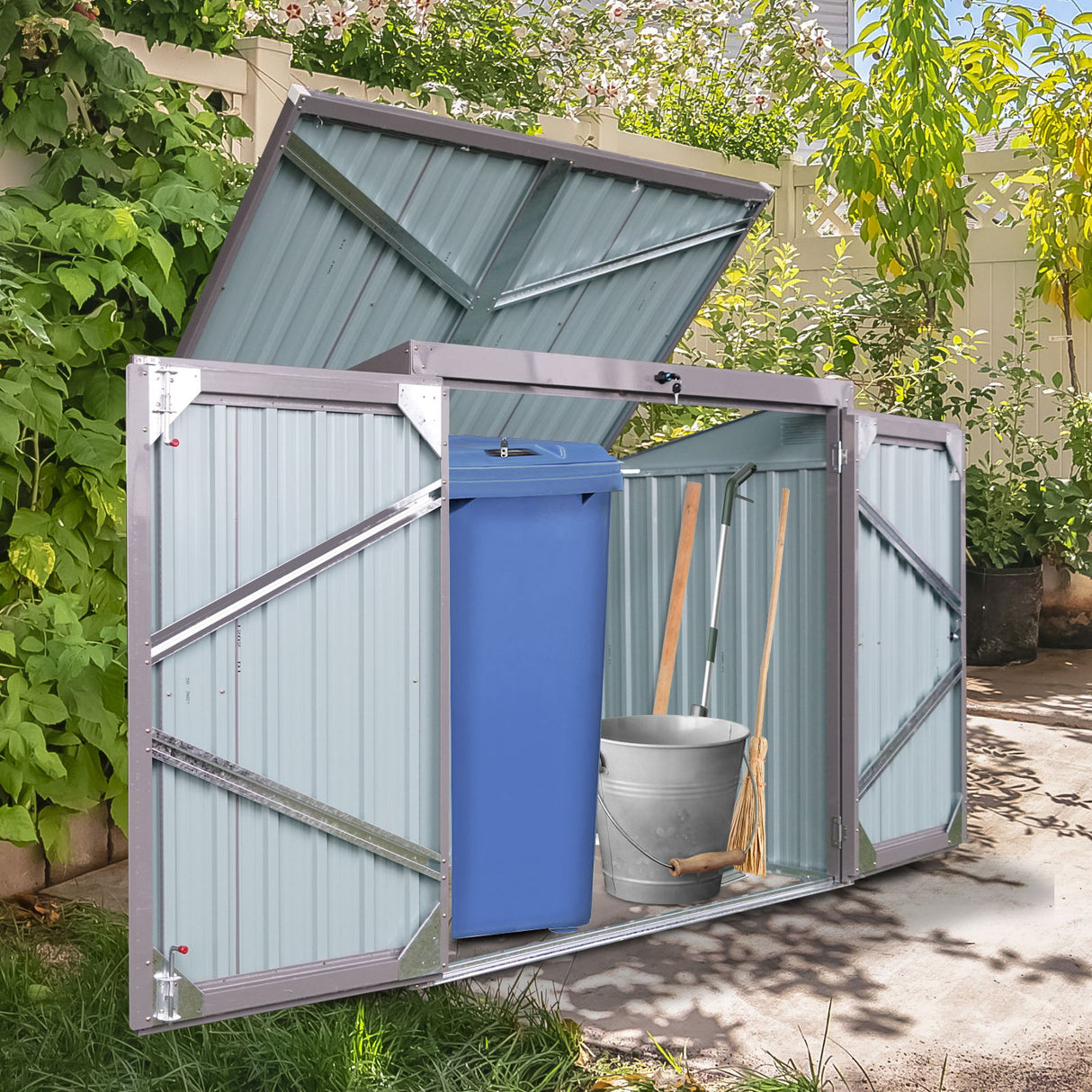 Garbage Bin Shed Trash Can Enclosure Storage Building Steel 62x53in Gray