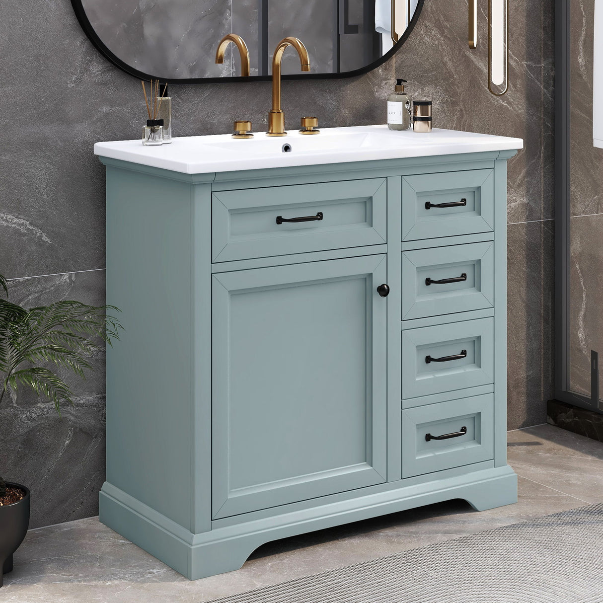 Bathroom Vanity With Ceramic Sink, Freestanding Design, 2 Tip Out Drawers, Soft Close Hinges - Gray