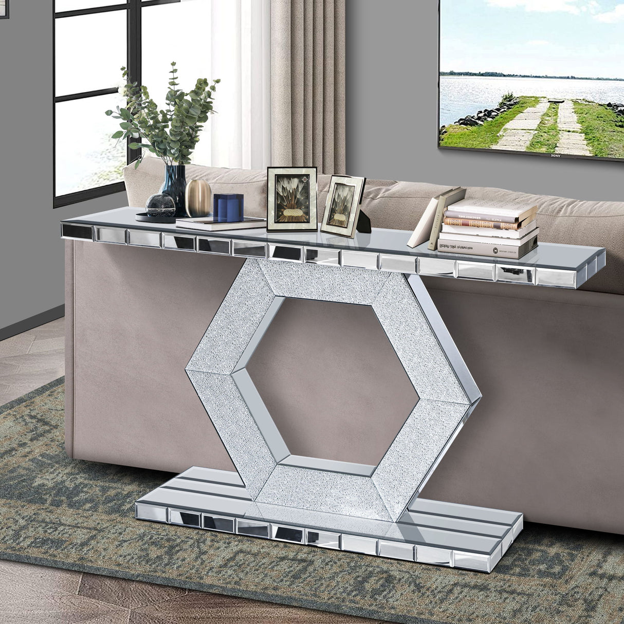 Sparkling Crystal Hexagon Mirror Entryway Premium Modern Foyer Console Table With Diamond Glass Effects, Dual Tier Luxury Sofa Table - Silver