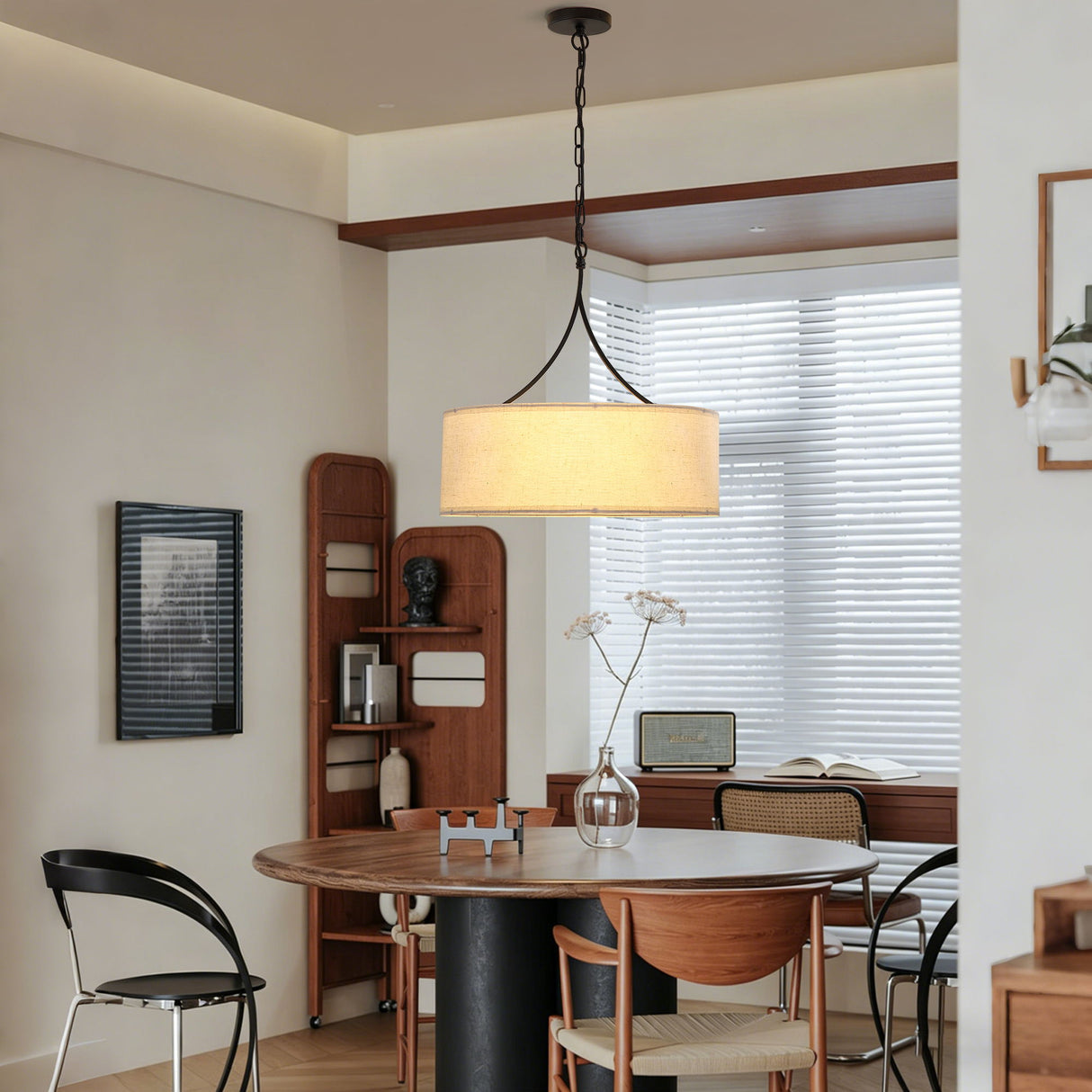 3 Light Pendant Light Adjustable Drum Chandelier, Shade Ceiling Light Fixture - Beige White / Black