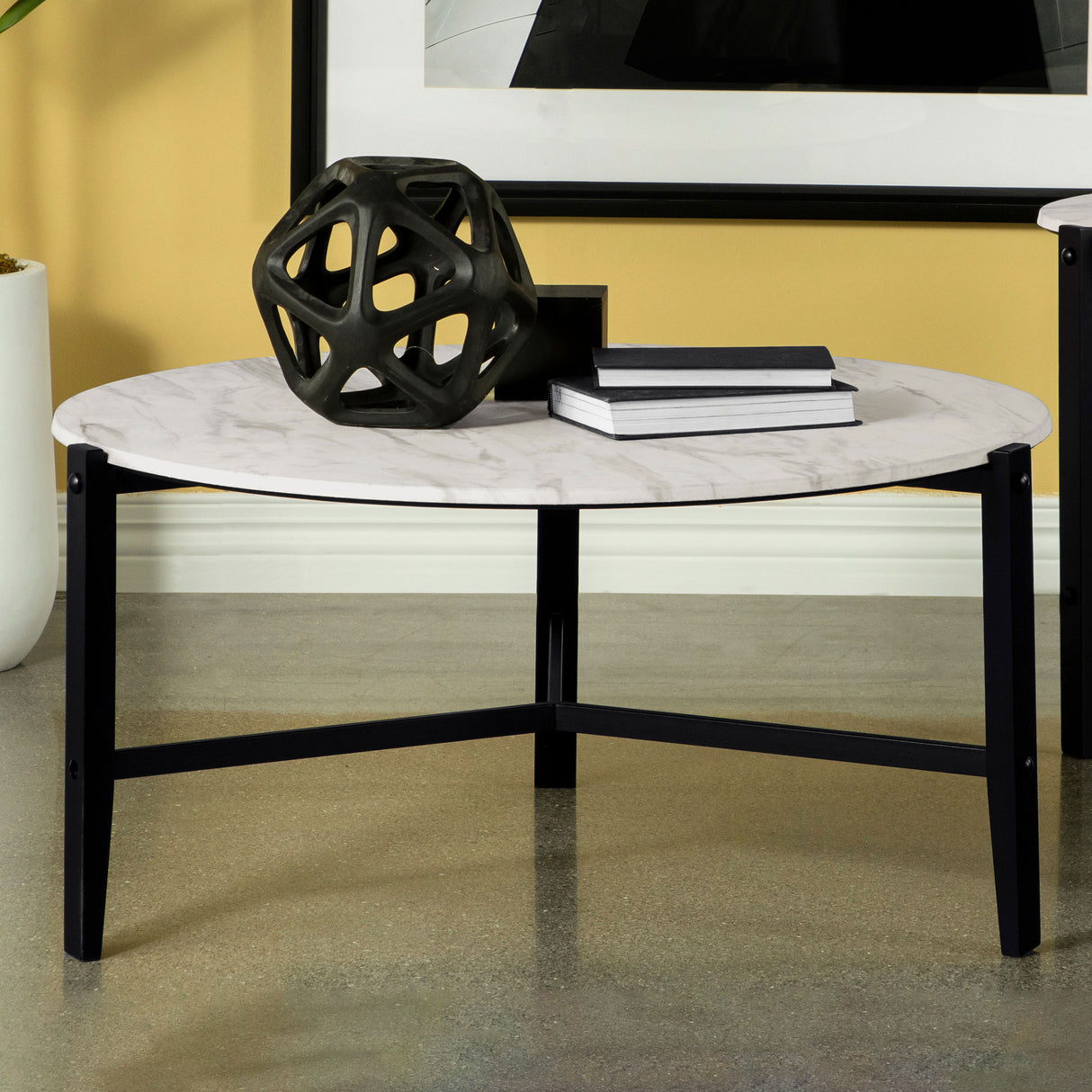 Tandi Round Faux Marble Coffee Table, White and Black