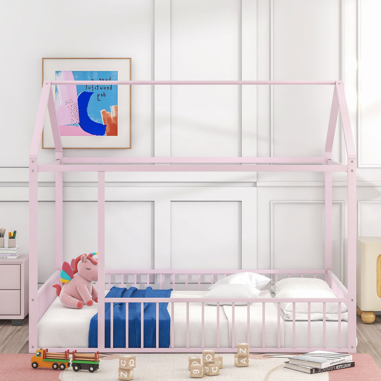 Metal Bed House Bed Frame With Fence