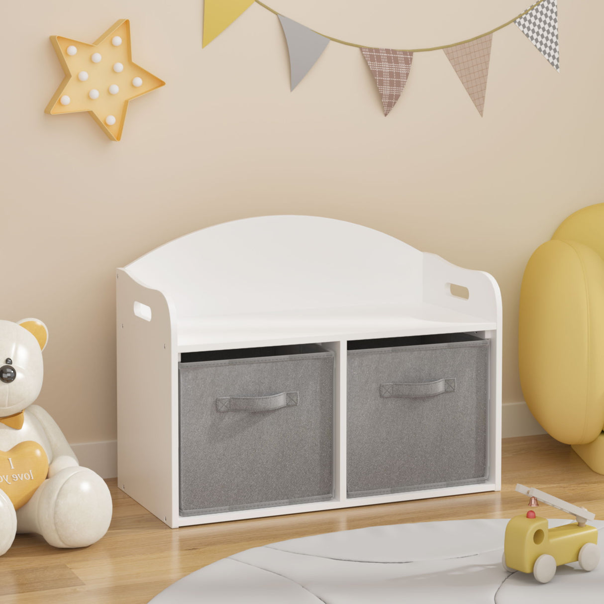 Toy Box Bench With Collapsible Drawers, Storage Cabinet Organizer - White