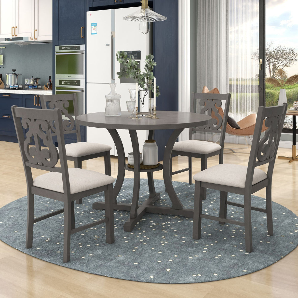 5 Piece Round Dining Table And Chair Set With Unique Legs And Hollow Chair Back