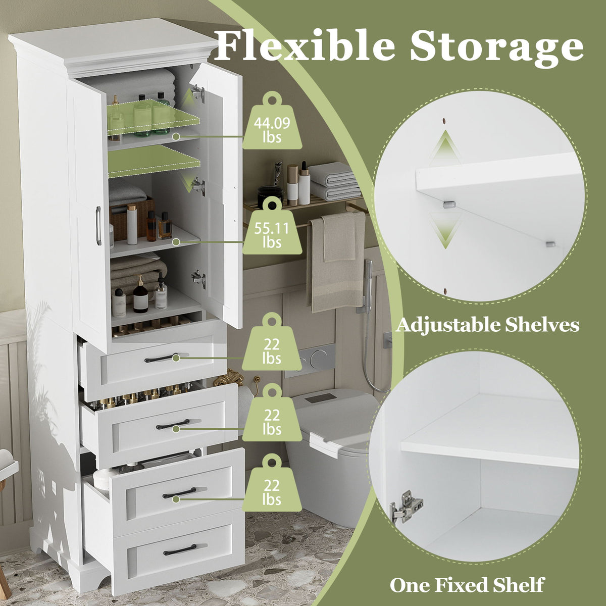 Bathroom Vanity With 2 Damping Hinge Doors, 3 Drawers, Adjustable Shelves - White