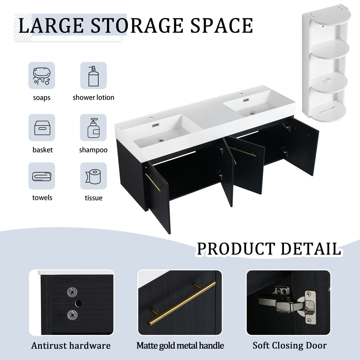 Modern Wall Mounted Bathroom Vanity With Left Sink And Storage Rack