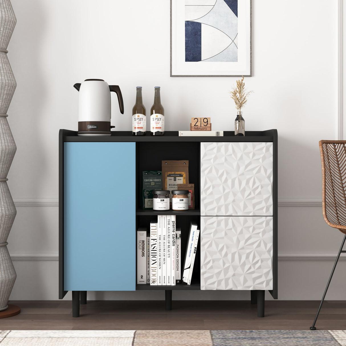 Sideboard Buffet Cabinet with Unique Panel Styling Wood Storage Drawers