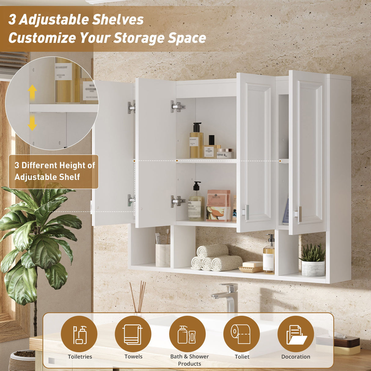 Bathroom Cabinet With 3 Adjustable Shelves Wall Mounted Medicine Cabinet, Soft Closing Hinges, Open Shelving Design - White