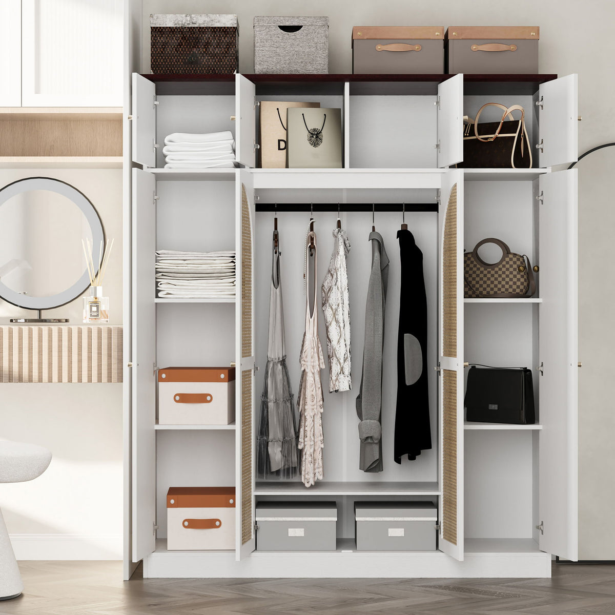 8 Door Armoire Wardrobe With Adjustable Shelves And Hanging Rod