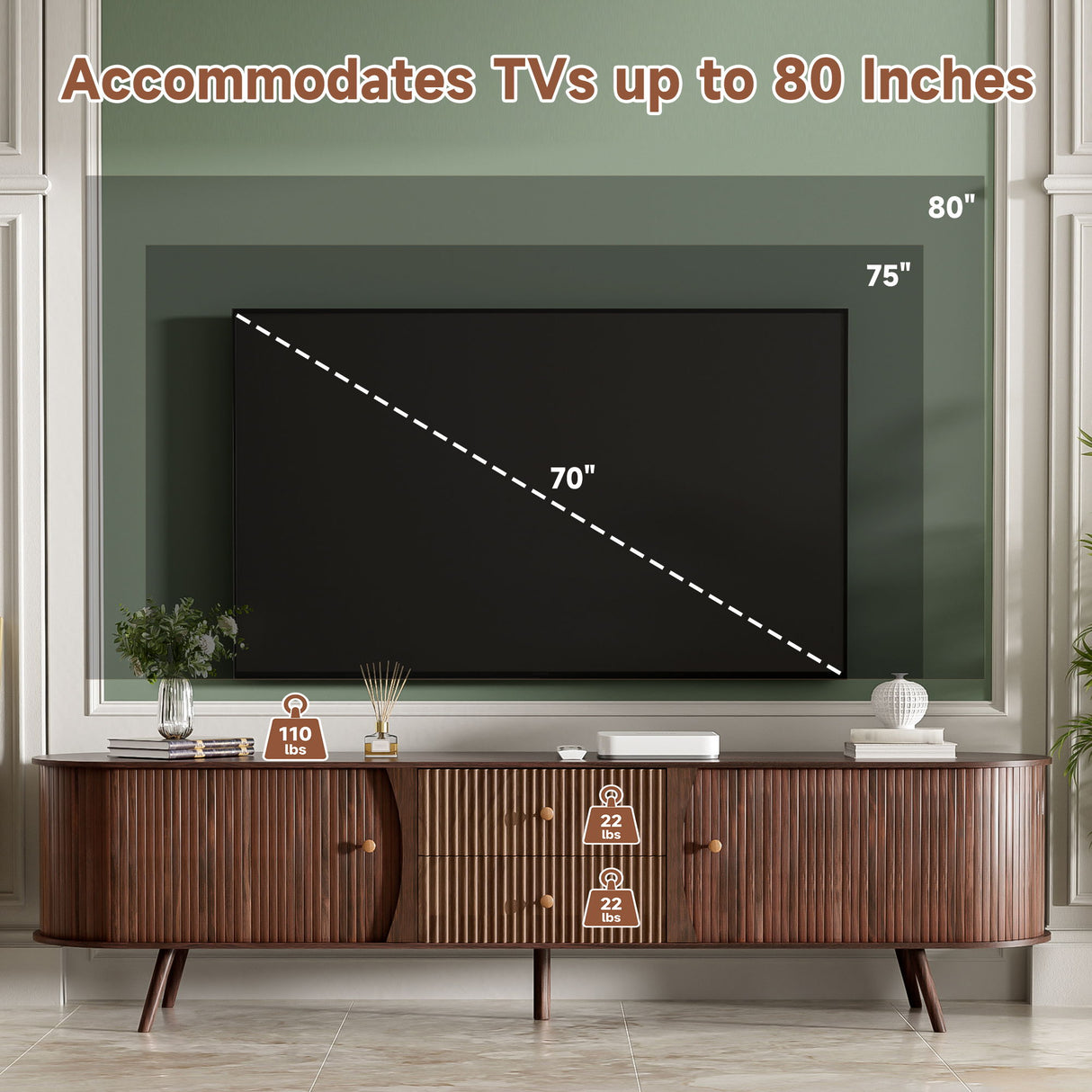 70" TV Stand With Tambour Doors And Fluted Drawers - Dark Brown