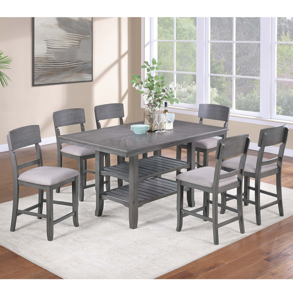 7 Piece Counter Height Dining Set With Storage Shelves, Table & 6 High Chairs - Gray