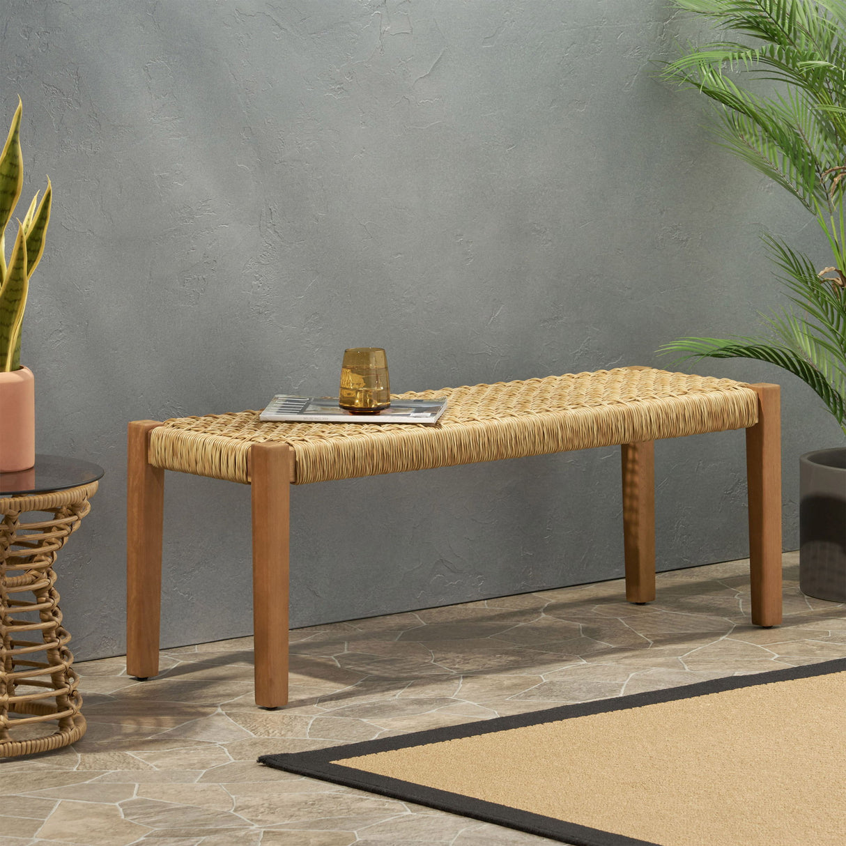 Angie - Bench Outdoor Seating Acacia Wood Faux Rattan - Teak