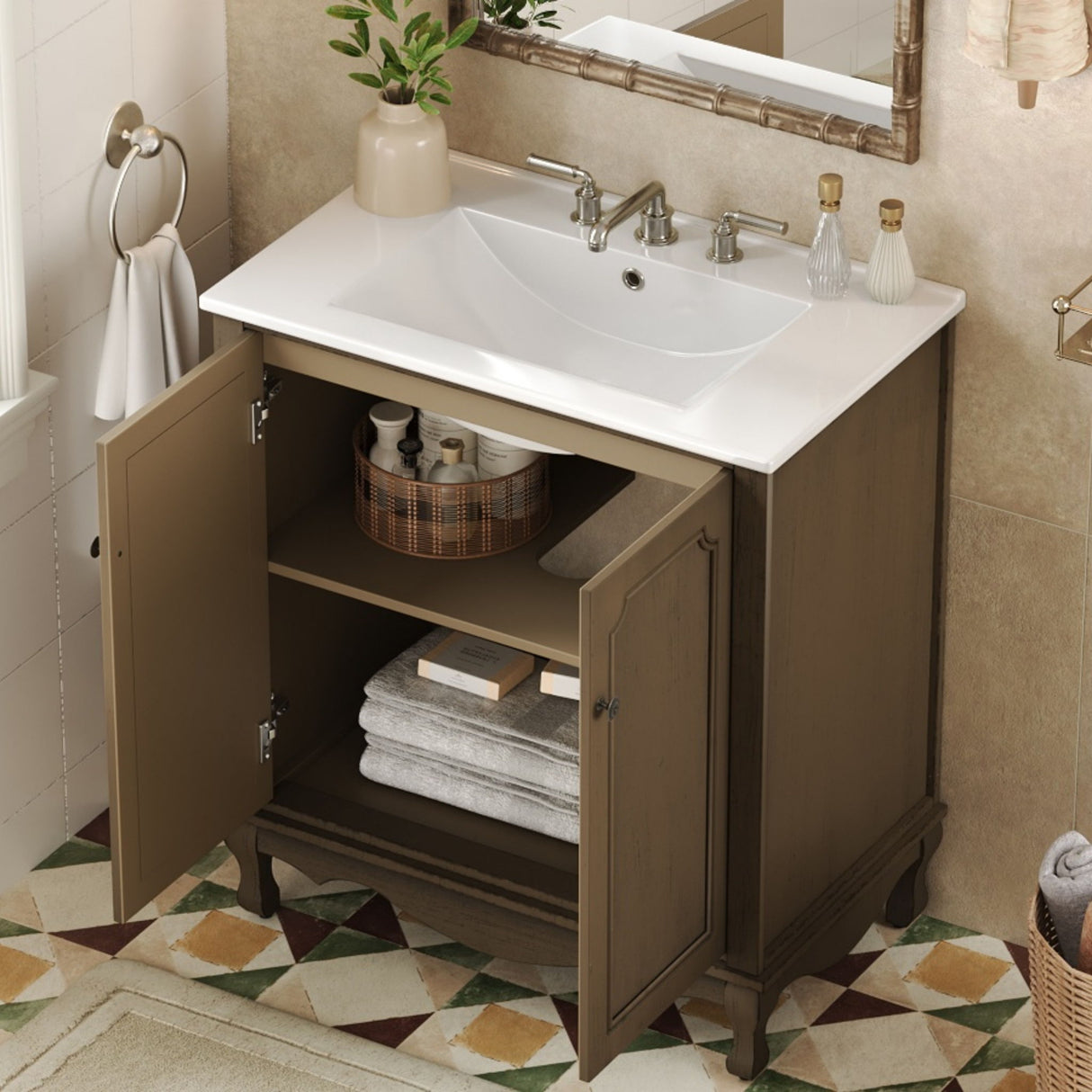 Vintage Bathroom Vanity With Ceramic Sink, Adjustable Shelves