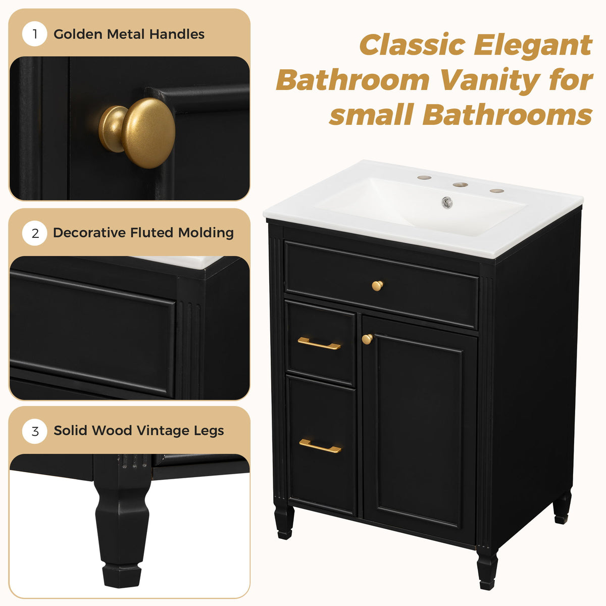 Freestanding Bathroom Vanity With Sink, Soft Close Door, Tip Out Drawer