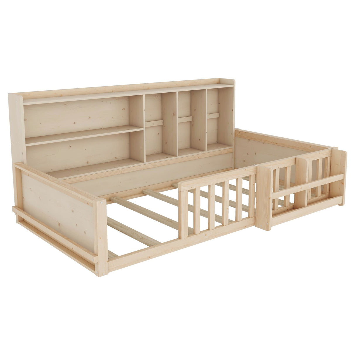 Platform Bed Frame With Guardrail, Storage Shelves & Bookshelf