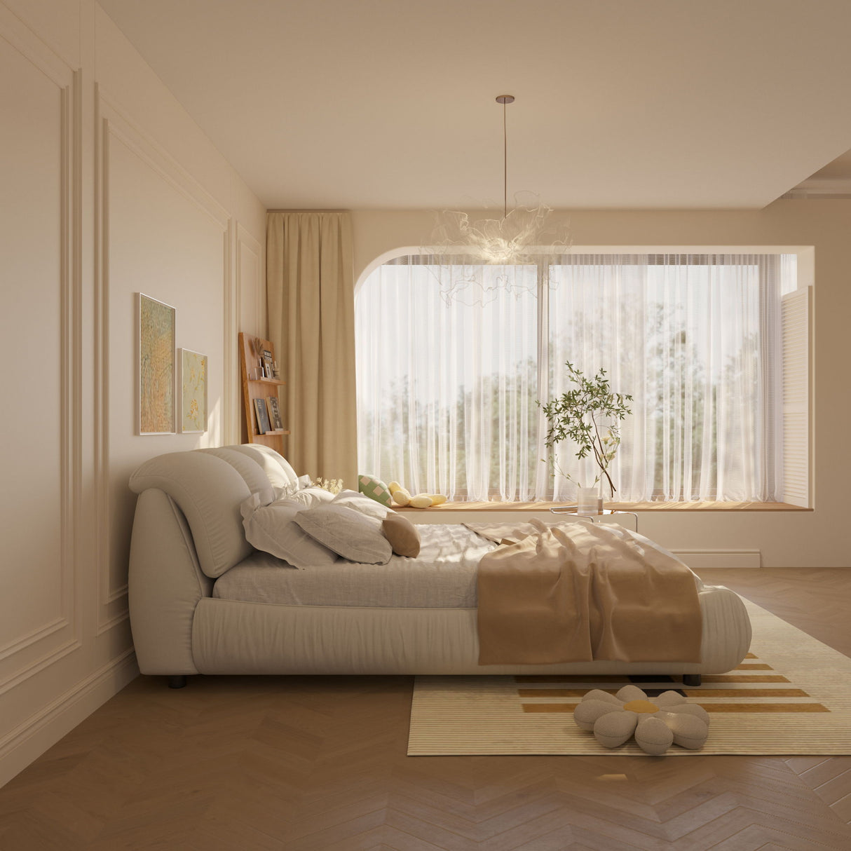 Luxury Upholstered Platform Bed With Oversized Padded Backrest And Solid Wood Frame