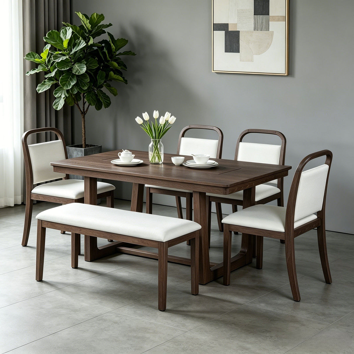 Farmhouse Dining Set With 4 Upholstered Chairs & 1 Bench