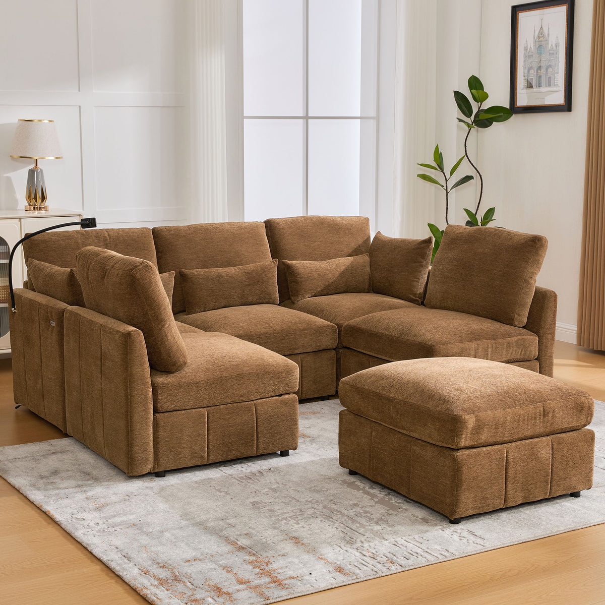 Modern Modular U-Shaped Sofa Bed With Movable Ottoman, USB Ports, Phone Holder