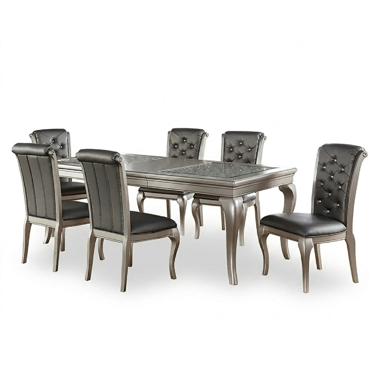 Rectangle Dining Table With Glass Top And 6 Tufted Back Chairs - Gray / Silver