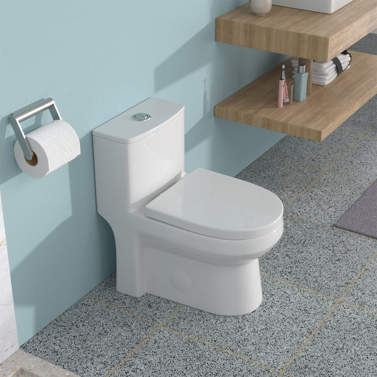 1 Piece Toilet For Bathroom, Dual Flush 1.1 / 1.6 Gpf, Soft Closing Seat - White