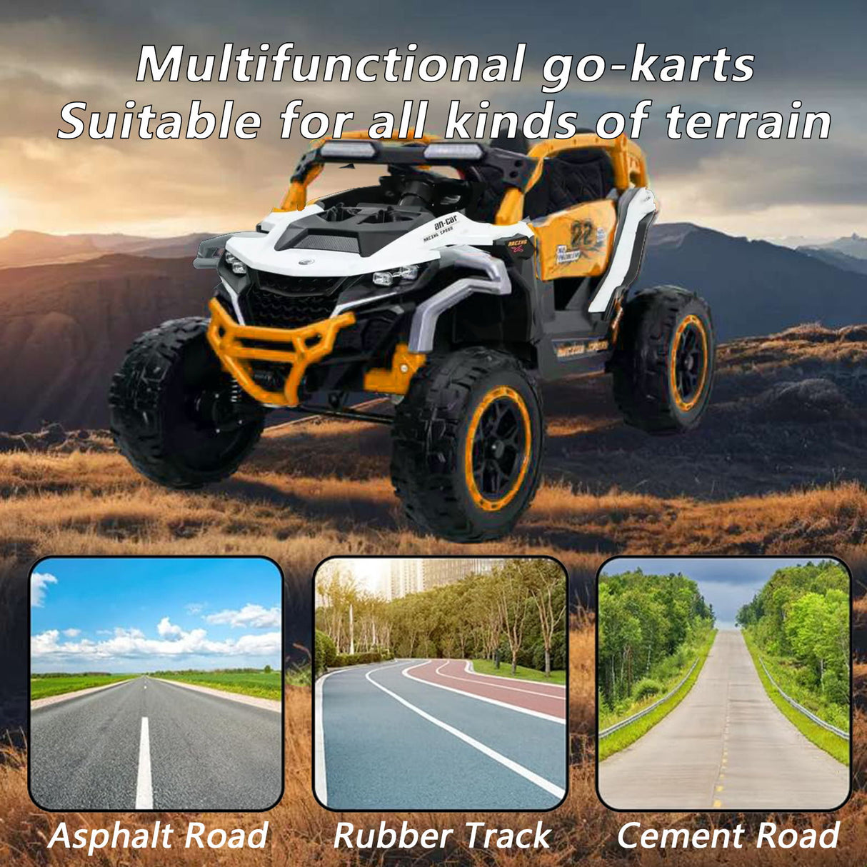 Ride On Models 12V Kids Electric Truck With Remote Control, Front & Rear Suspension, 2 Seater UTV, Flashlights, Music Player - Yellow / White
