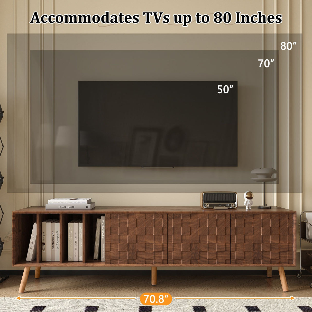 TV Stand, Cabinet For Living Room, Fits TVs Up To 80" - Walnut